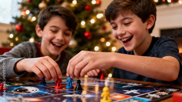 Fototapeta Family Playing Sci-Fi Board Game Under Christmas Tree Lights, Kids Laughing, Warm Festive Glow, Joyful Authentic Holiday Moment Captured