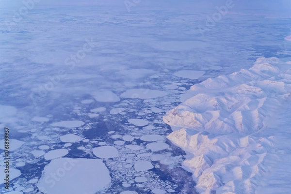 Fototapeta 俯瞰風景　グリーンランドのフィヨルド、流氷