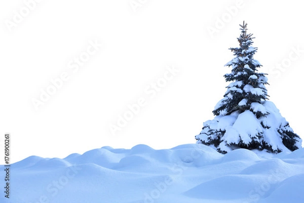 Fototapeta Snowy Christmas tree  In a winter landscape isolated on  transparent background 