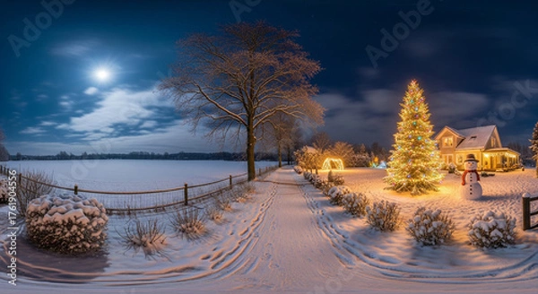 Fototapeta Winter New Year's night landscape with a festive tree, house and snow