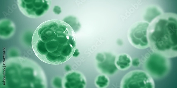 Fototapeta Stem cell, Biotechnology under microscope with depth, Health care medical background, 3d rendering