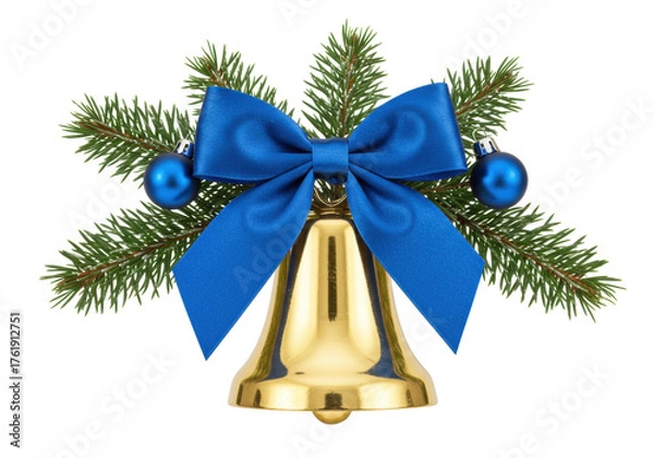 Obraz Golden Christmas bell with blue bow and ornaments isolated PNG, festive holiday decoration on transparent background for graphic design and cards