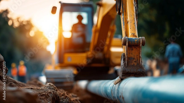 Fototapeta Backhoe excavator digging trench for pipeline installation heavy machinery infrastructure construction equipment earthmoving operation construction site operator cab