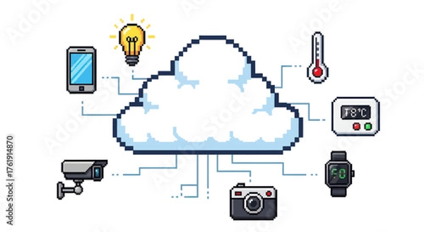 Obraz Pixelated Cloud Connecting Smart Home Devices in a Digital Network.