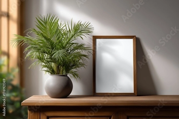 Fototapeta Framed poster mockup hanging above wooden console table with a potted plant, creating a serene atmosphere in a well-lit interior space with natural light