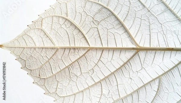 Fototapeta Close-up of a translucent white leaf skeleton with intricate vein patterns, botanical structure on a bright background, natural texture, abstract plant detail