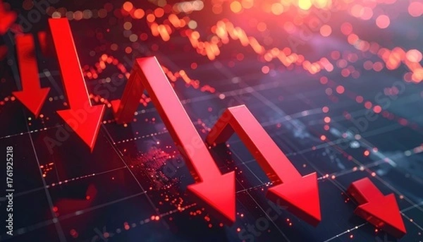 Obraz Economic downturn in financial market : The image depicts a stark visual representation of financial challenges, where red arrows cascade downwards on a data graph, which evoking a sense of crisis.