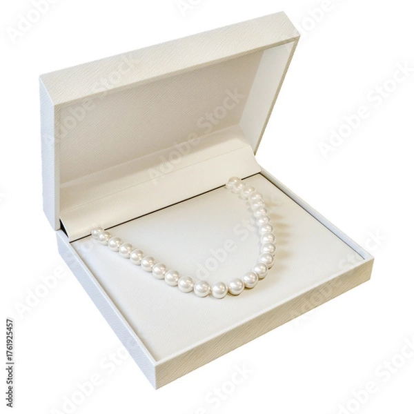 Fototapeta Elegant white pearl necklace displayed in premium box, isolated on white