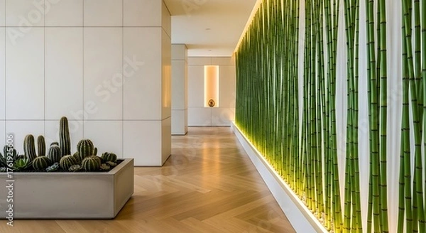 Obraz Luminous Green Reed Wall and Cacti in a Serene, Modern Hallway.