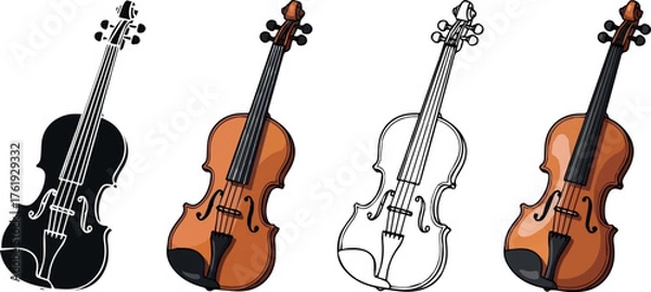Fototapeta Create Violin Icon Styles. Vector icon violin same pose same proportions four styles black solid glyph outline minimal flat multicolor filled cartoon flat shaded.