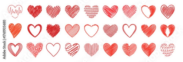 Fototapeta Hand drawn red heart collection doodle vector set on transparent background