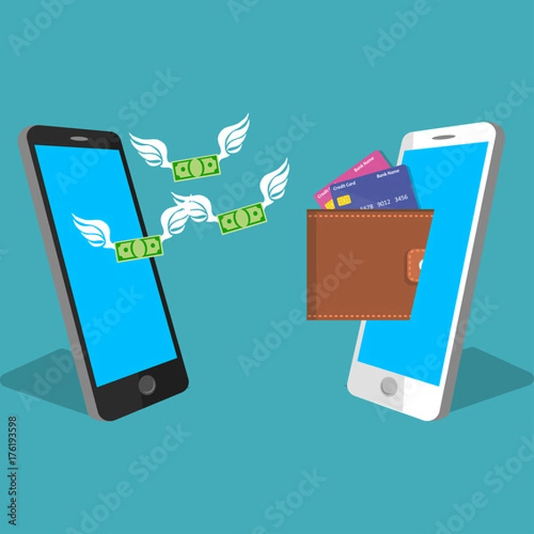 Fototapeta smartphone screen with wallet and credit cards