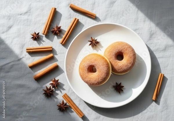 Fototapeta Sweet Cinnamon Sugar Donuts with Aromatic Spices on a Textured Table