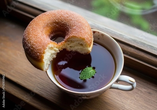 Fototapeta A moment of sweet bliss Golden donut with a bite perched on a dark tea cup near a bright window