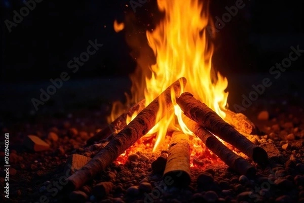 Fototapeta Roaring Bonfire at Night Intense Flames and Glowing Embers, Perfect for Autumn or Winter Themes