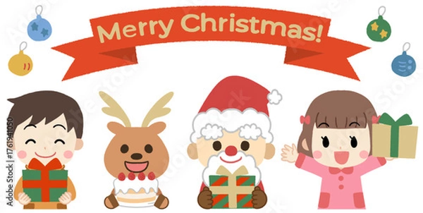 Fototapeta クリスマスパーティーを楽しむサンタとトナカイと子供たちのイラスト