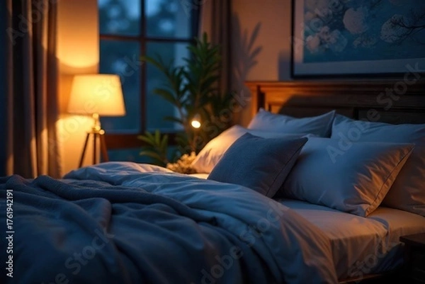 Fototapeta Serene Nighttime Bedroom Scene Soft Lighting Illuminates a Cozy Bed Perfect for Relaxation and Sleep, Ideal for Websites, Blogs, and Sleep Products