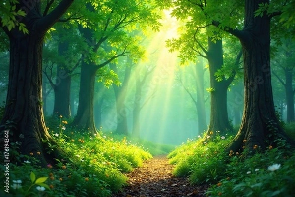 Fototapeta Magical Sun-Dappled Woodland Lush Green Undergrowth and Filtering Sunlight Create a Fantasy Forest Scene Perfect for Fairytale and Nature Themes