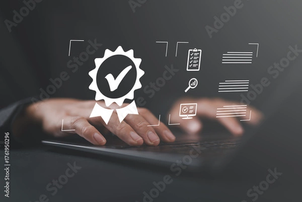 Fototapeta Businesswoman working with sign of the top service Quality assurance, Guarantee, Standards, ISO certification and standardization concept.