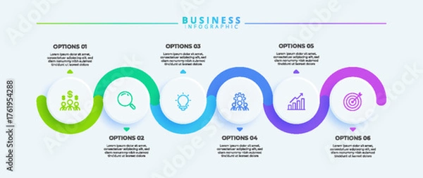 Fototapeta Infographic design with six steps and icons, tailored for business use. Suitable for presentations, banners, workflows, process diagrams, flowcharts, and data visualization.