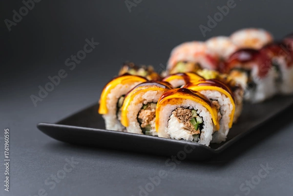 Fototapeta Sushi roll with salmon,  avocado and tuna. Sushi set served on the black plate next to red ginger with black sticks on the black background