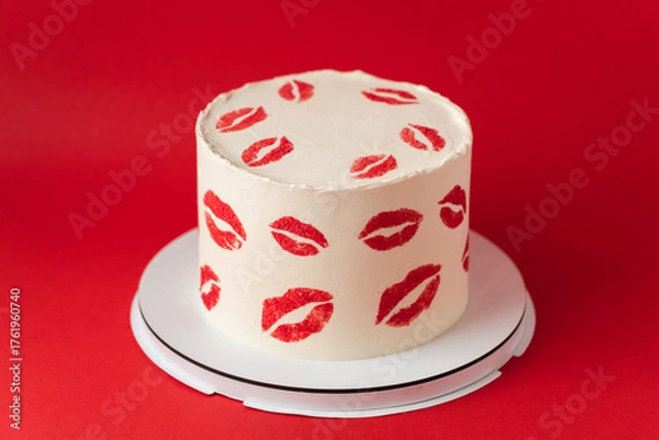 Fototapeta Beautiful birthday white cake decorated with red lips traces pattern. Happy Valentine's cake on the red marble background