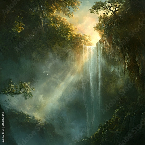 Fototapeta Waterfall in a Tranquil Forest, "Majestic Waterfall in a Forest", "Enchanting Waterfall and Forest Scene", "Waterfall Cascading Through Forest", Mystical Waterfall in the Woods, Golden Light Over a Wa
