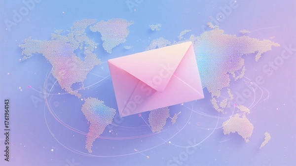 Fototapeta 背景にドット世界地図と通信アークを薄く重ねたクラウド感の封筒