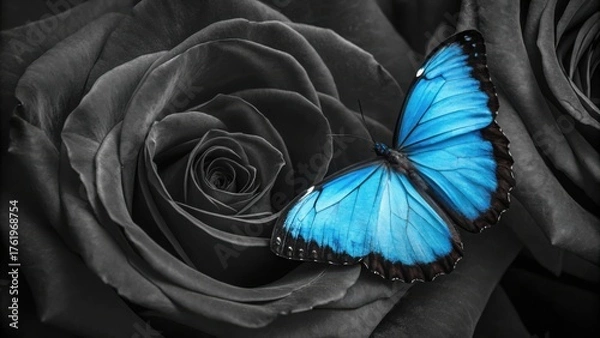 Fototapeta Vibrant blue butterfly lands on a moody black rose macro shot