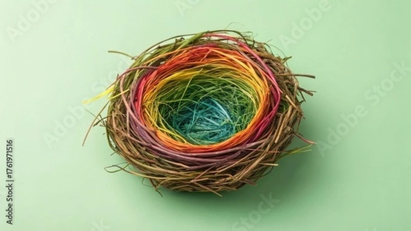 Fototapeta Vibrant rainbow nest with natural materials on pastel green background
