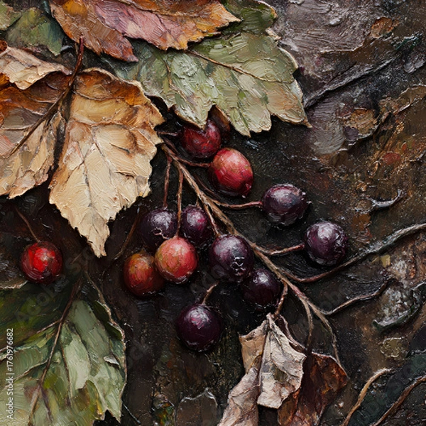 Fototapeta A close-up of autumn leaves and grapes, Autumn Grapes Close-up, Grapes with Autumn Leaves, Fall Grapes and Leaves Art, Autumn Harvest in Detail, Autumn Grapes and Leaves, Grapes and Leaves Close-up, 