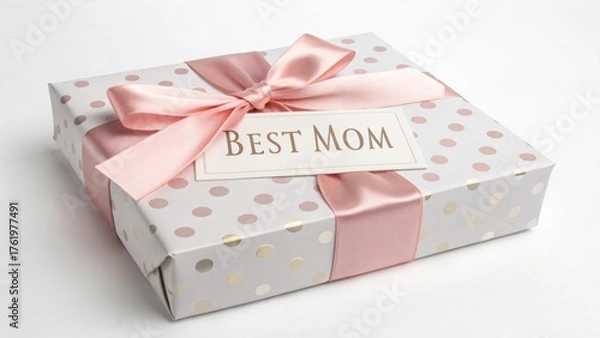 Fototapeta Beautiful gift box wrapped with ribbon and 'best mom' tag