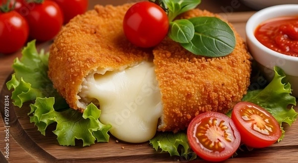 Fototapeta Delicious Fried Camembert Cheese with Tomato and Basil Garnish.