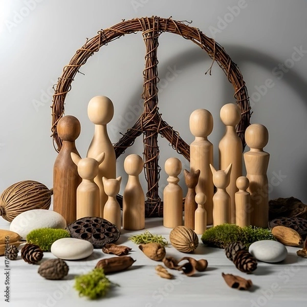 Obraz Wooden Figures and Peace Symbol - A Minimalist Still Life.