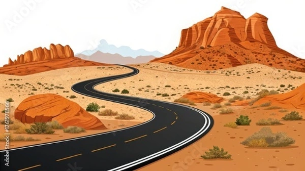 Fototapeta Winding desert highway through arid red rock landscape