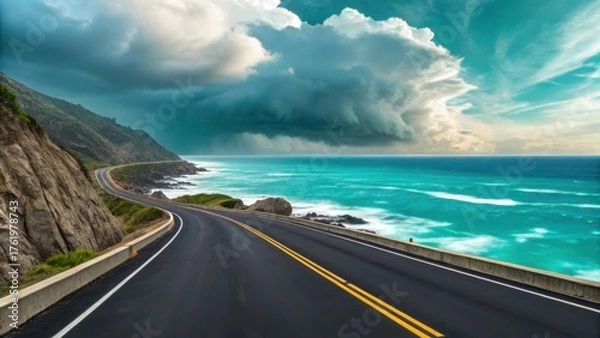 Fototapeta Scenic coastal highway journey dramatic sky ocean waves asphalt road
