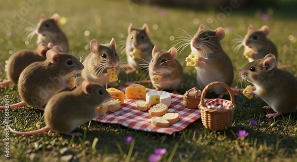 Fototapeta Mice Picnic - A Gathering of Tiny Friends Enjoying a Feast Outdoors.