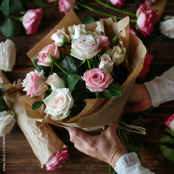 Fototapeta Bouquet of pink and white roses with green leaves in craft paper