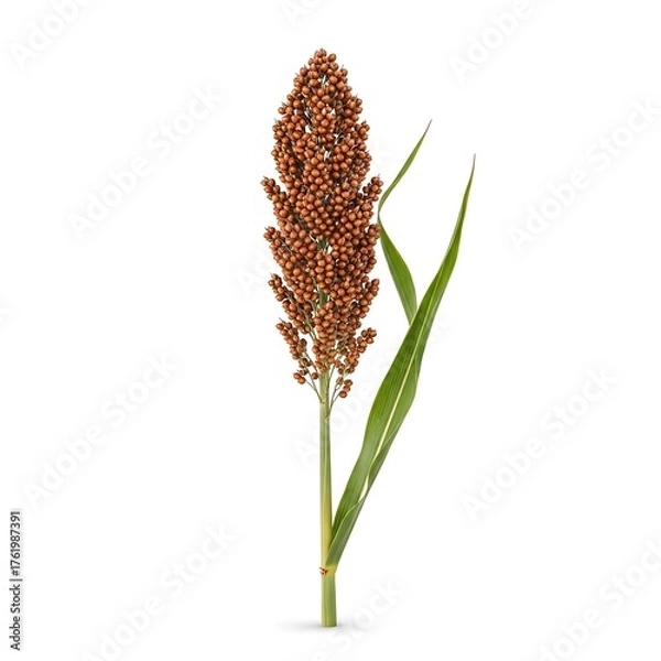 Fototapeta Sorghum Grain Head with Green Leaves on White Background.