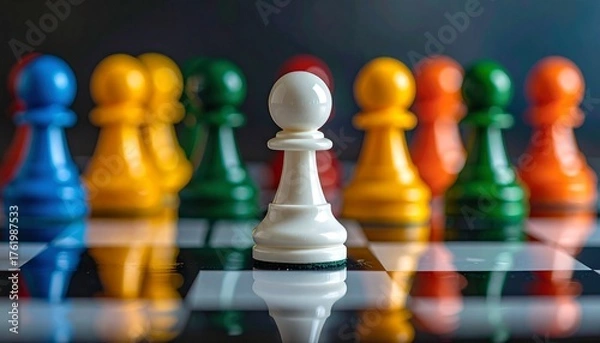 Fototapeta White pawn in focus stands apart from colorful row on reflective surface with bokeh lights.