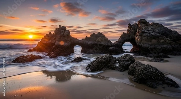 Obraz Sunset Through Rock Arches at El Matador State Beach.