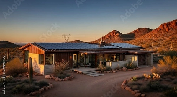 Fototapeta Desert Home at Sunset - Modern Architecture in Natural Landscape.