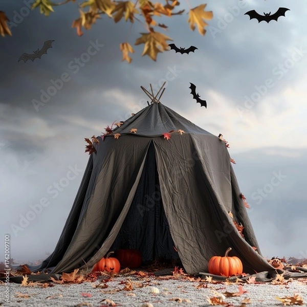 Fototapeta Spooky tent with pumpkins and flying bats.