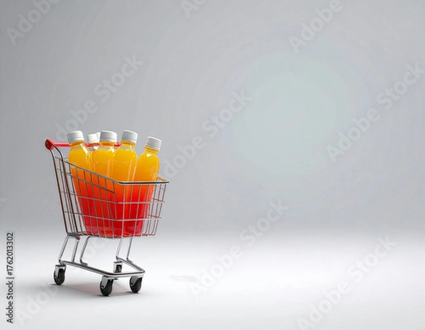 Obraz オレンジジュースのボトルが入ったミニチュアのショッピングカート。スーパーでの買い物をイメージした3Dイラストで、飲み物や健康的な飲料の購入コンセプトに最適。