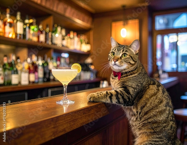 Obraz バーのカウンターでカクテルを前に座る、蝶ネクタイをしたお洒落な猫。お酒を楽しむユーモラスな動物のイメージ。リアルで可愛いペットが夜の時間を過ごす面白い写真。