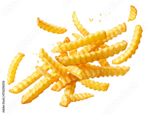 Fototapeta Golden, crispy, crinkle-cut fries arranged in a dynamic pile against a black background