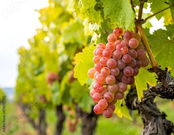 Fototapeta Close-up of ripe, pink grapes hanging on a vine, with green leaves and rows