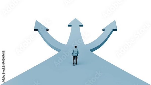 Fototapeta Man walking on path splitting three ways each ending with upward arrows, multiple success paths choice and direction business concept, 3d render