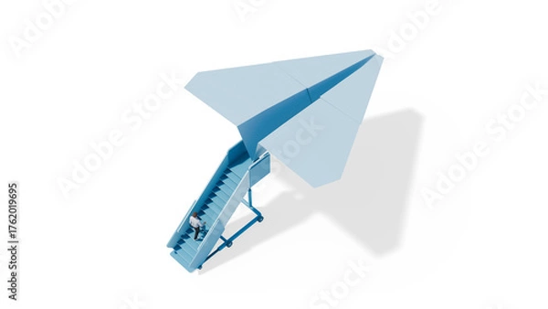 Fototapeta Man boarding large paper airplane via airstairs, business travel career journey adventure and new opportunities concept, 3d render