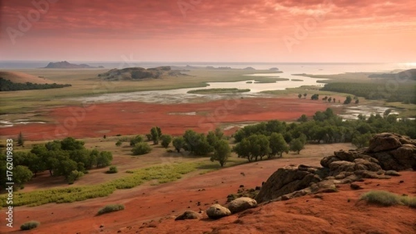 Fototapeta Tuscany landscape with green hills and open fields under a bright sky